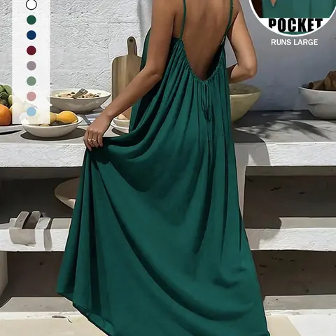 【Black Friday】Women’s Sexy Backless Spaghetti-Strap Maxi Dress with Pockets, Loose-Fit Loungewear, Sleepwear, and Beach Cover-Up, Available in Multiple Colors and Sizes S–3XL