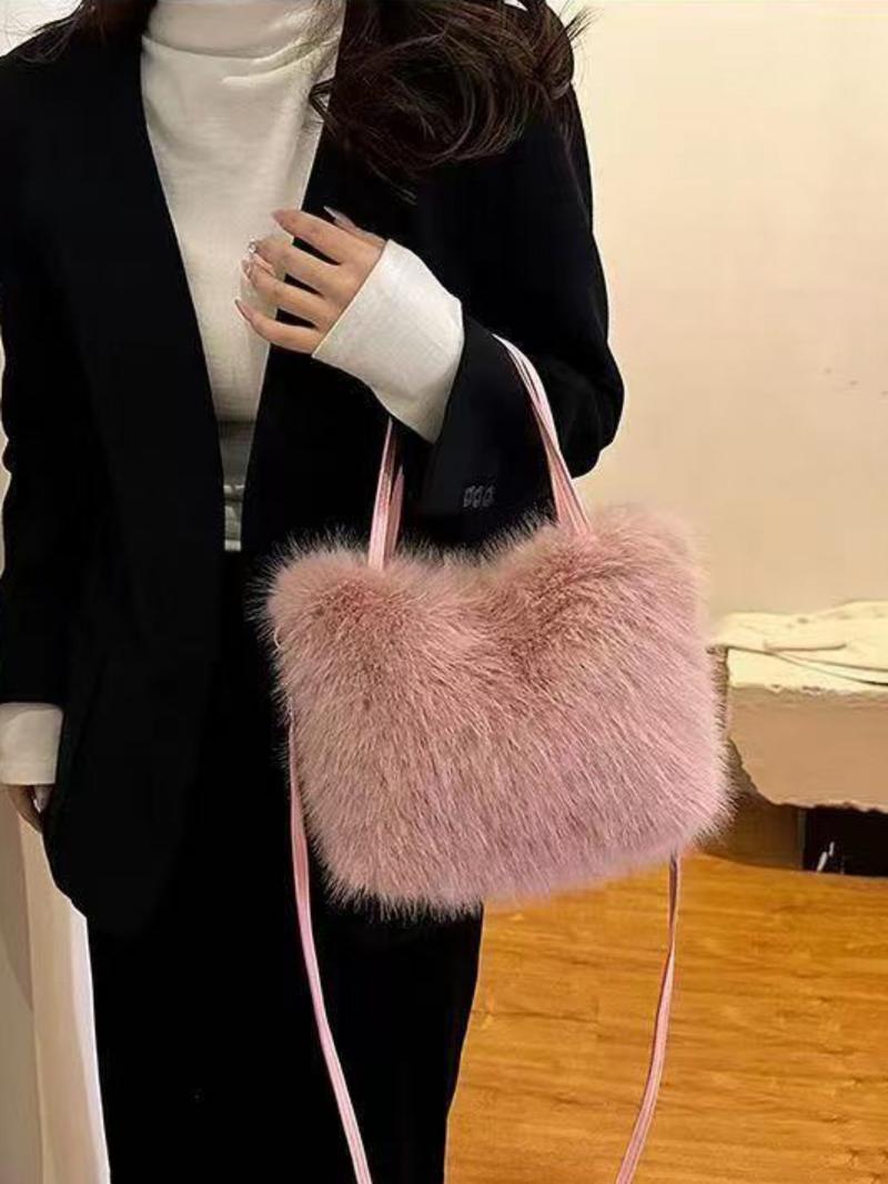 Fashionable Imitation Fur Small Casual Trendy Handbag with Grip Handle and Shoulder Strap, Stylish Design, Multiple Color Options, Perfect Daily Accessory