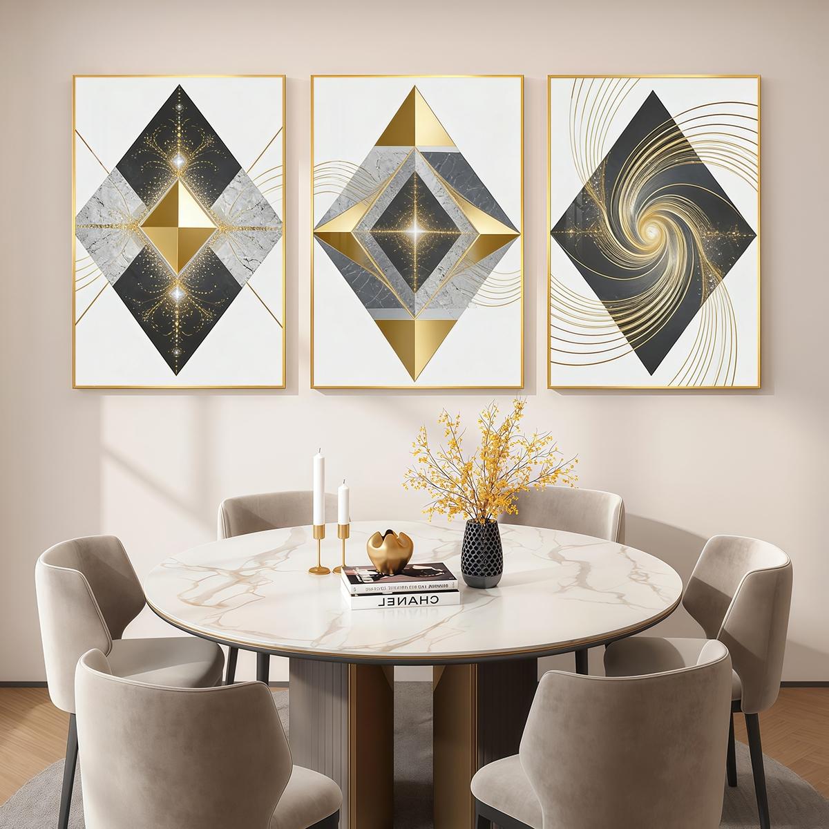 3 Counts Aluminum Alloy Framed Painting, Geometric Gold And Marble Abstract Art Pictures, Home Decoration For Living Room, Bedroom, Office, Restaurant, Hallway Wall Decor, Odorless Print Artwork, Luxury Perfect Gift For Friends And Family