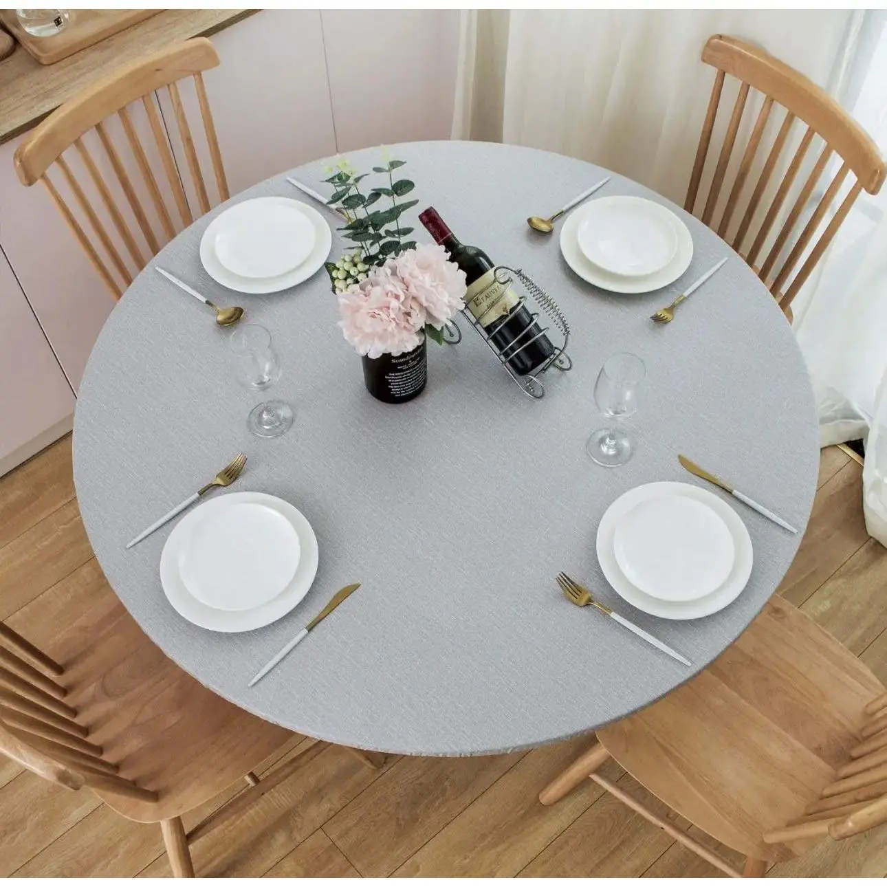 Round Fitted Vinyl Round Table Tablecloth with Elastic Edge, 100% Waterproof Oil-Proof PVC Cover, Wipe-Clean for Indoor-Outdoor Use, Black, 40"-44", Round Table Tablecloths