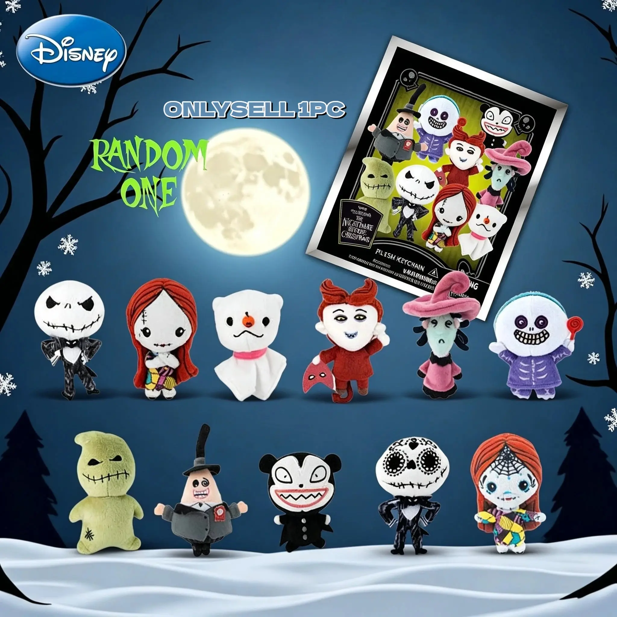 Disney Official Licensed Plush Bag Clip, the Nightmare Before Christmas, Random Blind Bag, Mini Keychain, Halloween Christmas Gift, Collectible Keychain