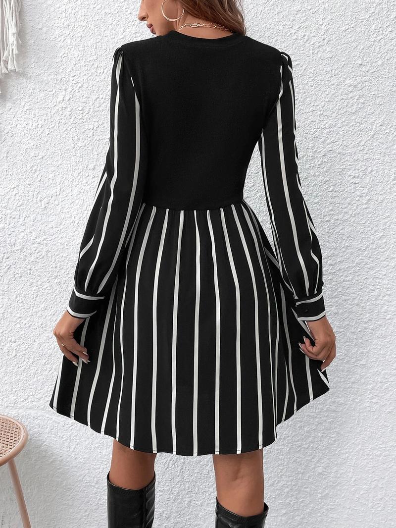 Women's Striped Print Button Dress Autumn Winter, Colorblock Design, Long Sleeve, Casual Style, Perfect for Fall & Winter