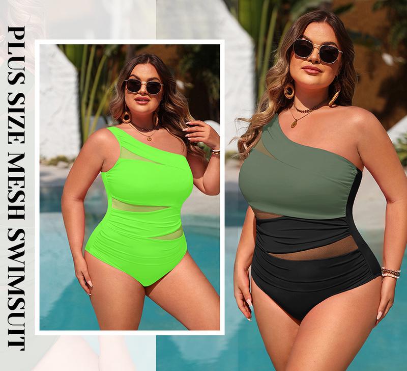 Aqua Eve Plus Size One Piece Swimsuit for Women Tummy Control Bathing Suits One Shoulder Swimwear