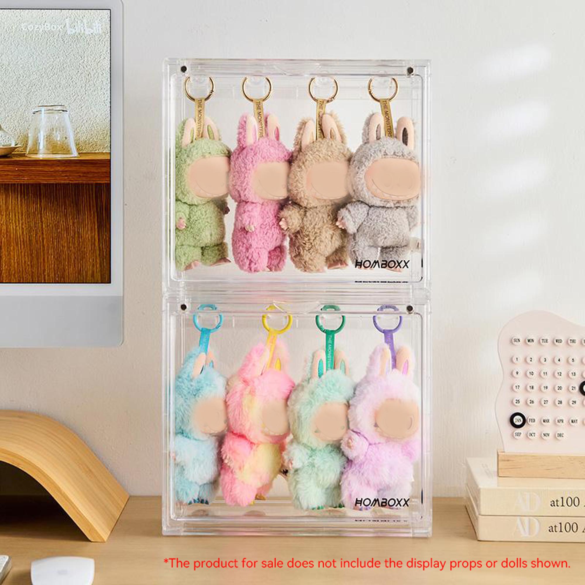 Plush Hanging Display Storage Box Set with 4 Transparent Hooks, 12-Piece Hook Kit, Dustproof Moisture-Proof, Stackable, Suitable for Pop Mart Collectibles