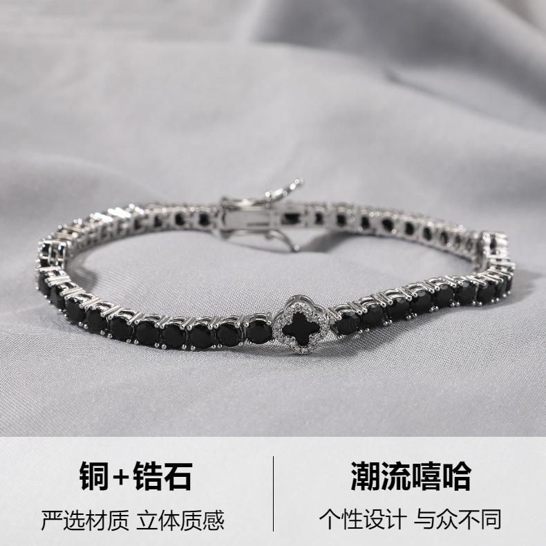 Hip Hop Four Leaf Clover Clasp Bracelet, Silver Black Clover Bracelet for Women, Trendy Hip Hop Jewelry