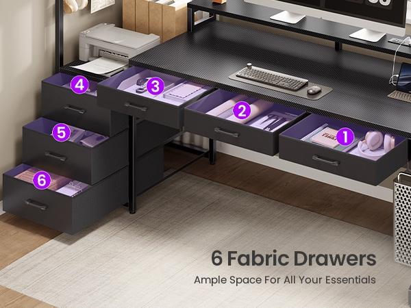 SEDETA 55 Inch Reversible Gaming Desk with 6 Drawers PC Desk with LED Lights Power Outlet Corner Computer Desk with Monitor Stand