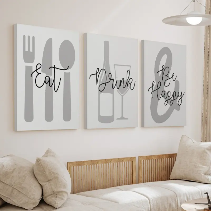 2D canvas art set with the theme "Eating, Drinking, and Fun," featuring wooden frames, 3 pieces in total, perfect for kitchen walls, dining areas, and home decor