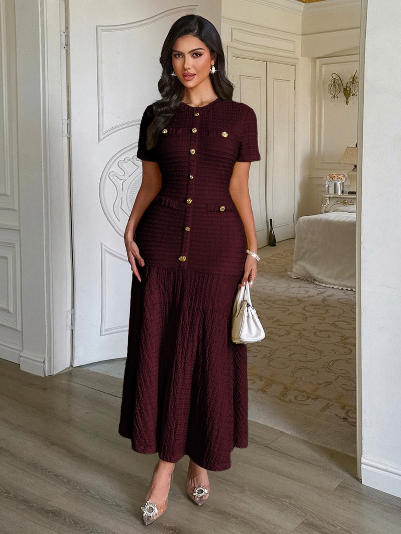 Pure Color Casual Button Decor Long Dress, Fitted Short Sleeve Plain Design, Women's Fashionable Long Gown for Everyday Wear