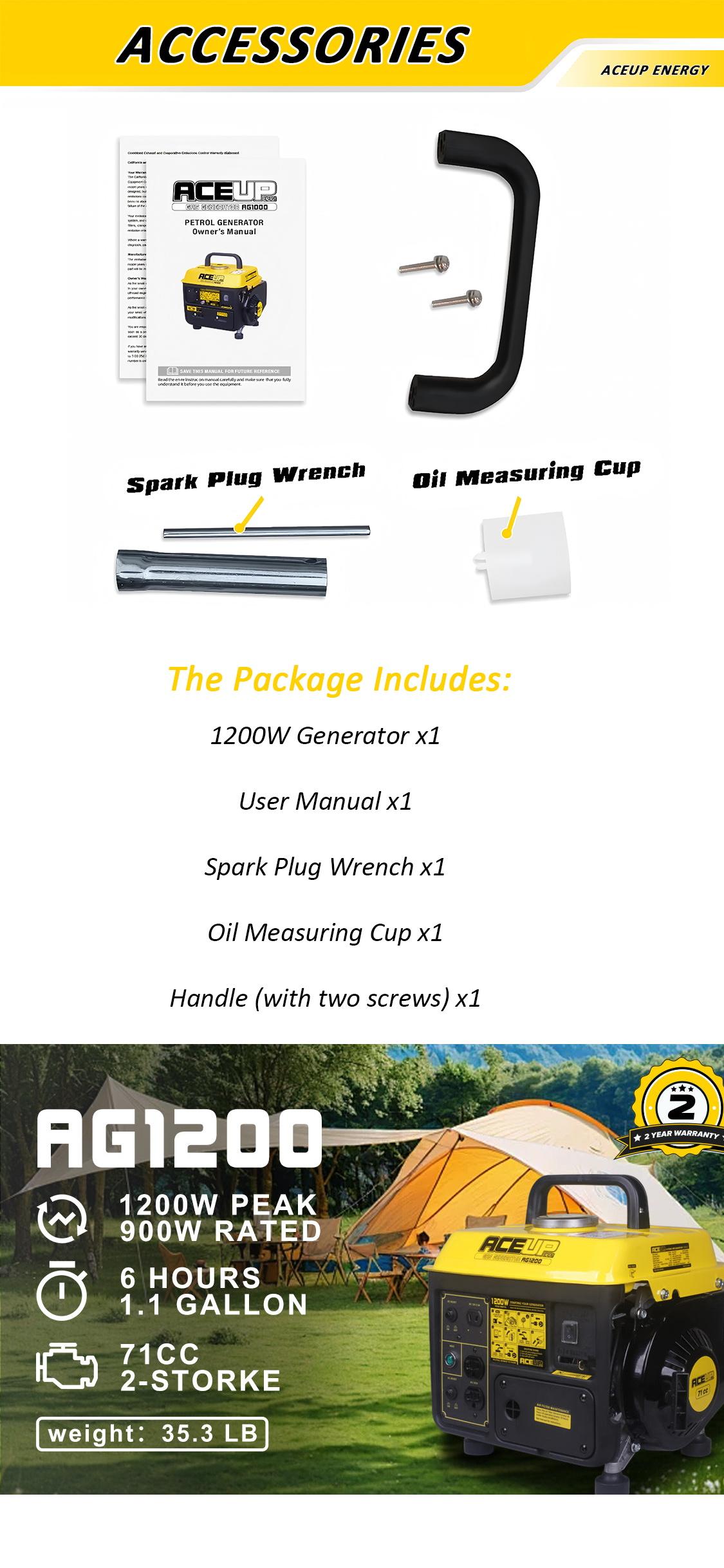 Aceup Energy 1200W 2-Stroke Portable Gas Generator | Small Generator Camping Ultralight, EPA & CARB Compliant-AG1200