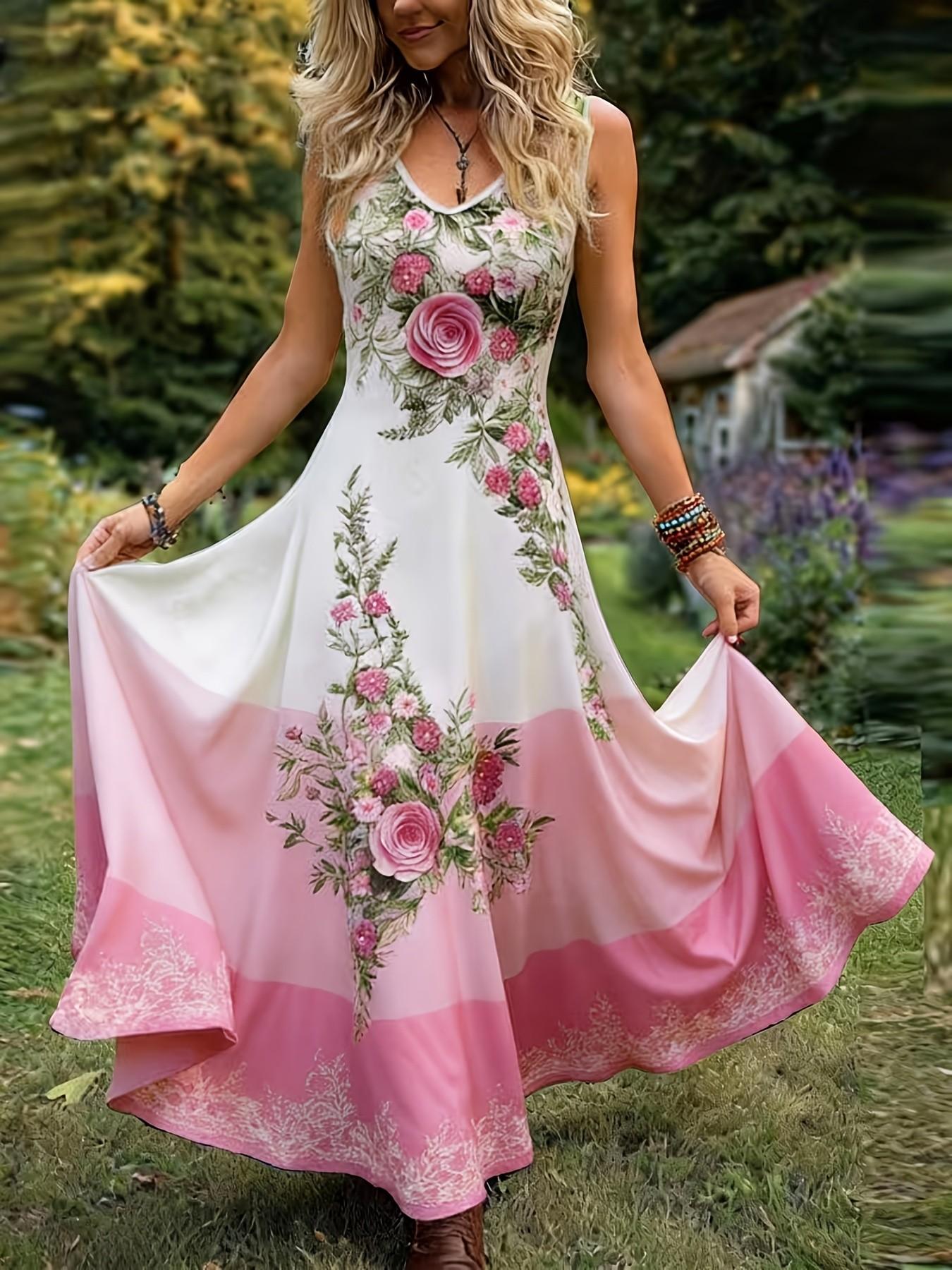Elegant Vintage Floral Print Sleeveless Dress for Plus Size Women, Colorblock Design, Summer, Perfect for Casual & Special Occasions