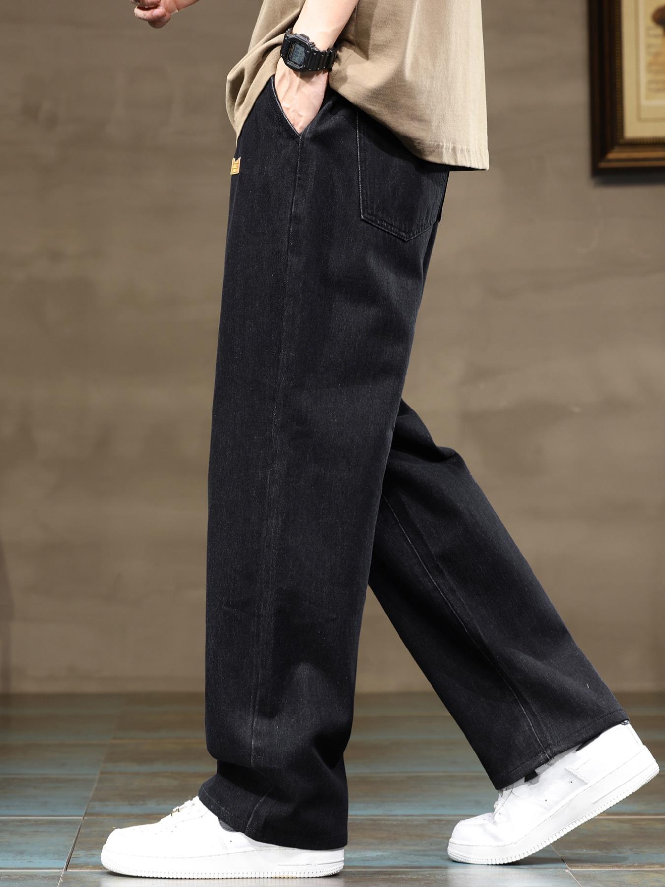 Men's Drawstring Elastic Waist Straight Leg Jeans Set, Casual All Season Wear, Fitted Plain Design, Natural Waist Style