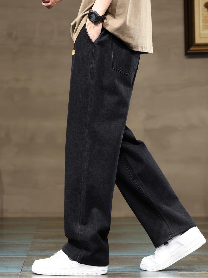 Men's Drawstring Elastic Waist Straight Leg Jeans Set, Casual All Season Wear, Fitted Plain Design, Natural Waist Style