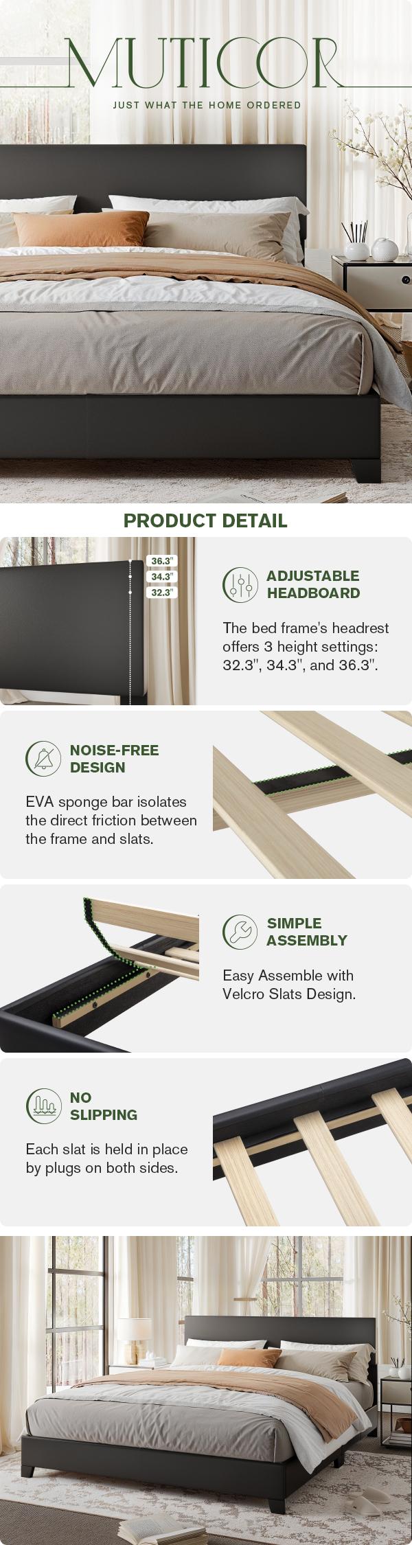 MUTICOR Full/King/Queen Bed Frame Size Upholstered Platform Bed Frame with Line Fabric & Adjustable Headboard,【Frame Only No Mattress】 Wood Slats Support,No Box Spring Needed#TikTokShopBlackFriday #ChristmasGifts