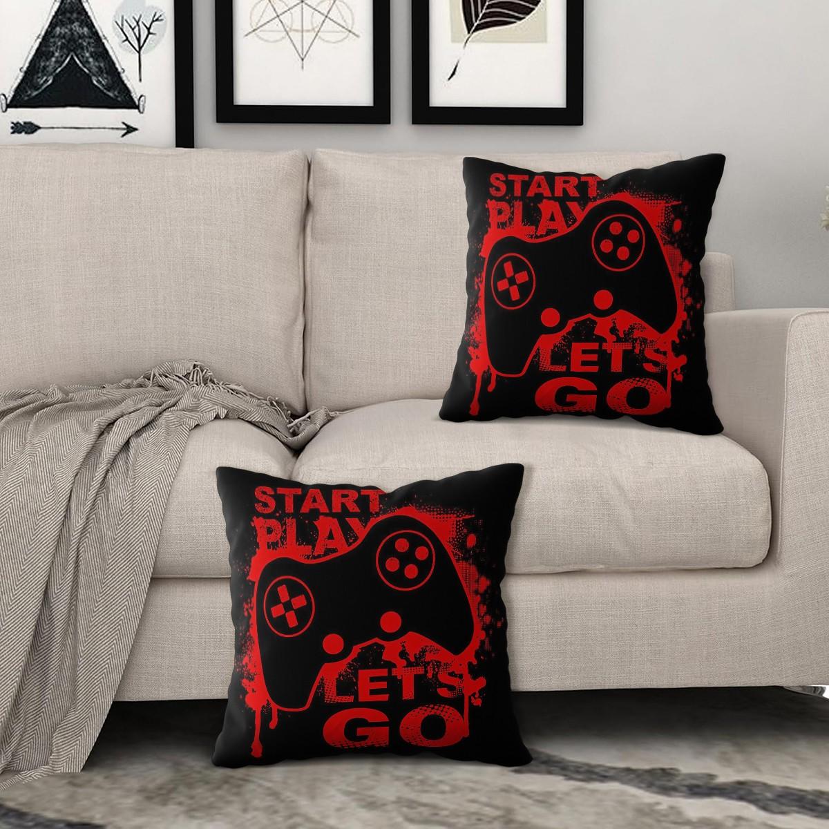 Gamer Theme Throw Pillow,Start Play Let's Go Game Controller Decorative Cushion,Red Black Graffiti Accent Pillow for Gaming Room,Bedroom,Sofa,Couch,Dorm,Includes Pillow Core,Perfect Gamer Gift for Teen Boys & Game Lovers