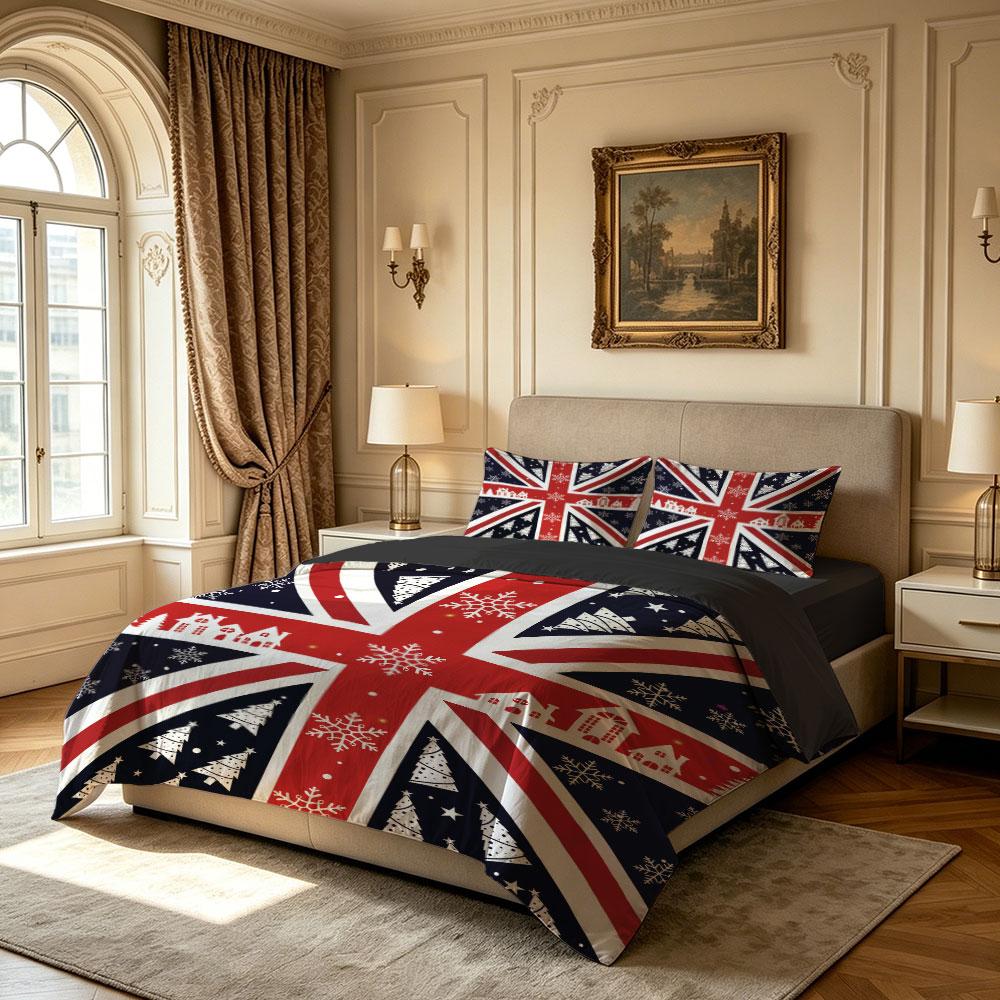 The 3-piece Christmas-themed British flag bedding set includes one bedspread and two pillowcases, without fillings. It's soft and comfortable, suitable for single beds and double beds, and ideal for use in bedrooms, dormitories, and hotels.
