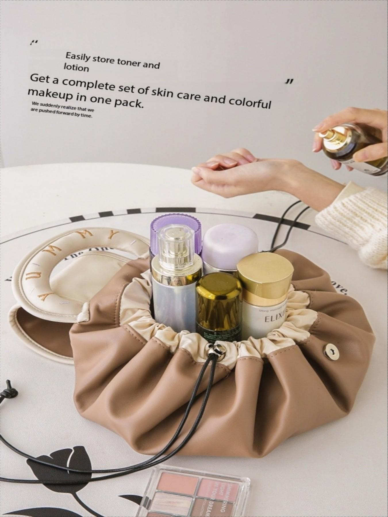 New Lazy Drawstring Makeup Bag for Women, Portable Waterproof PU Travel Wash Bag, Handheld Storage Pouch Box, High-End Design