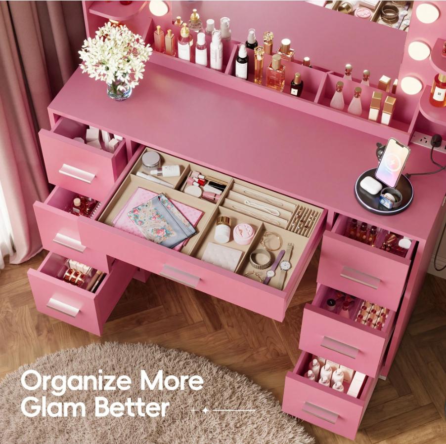 FURMAX Makeup Vanity Desk With Mirror & Lights, Large Vanity With 7 Drawers & 4 Storage Shelves