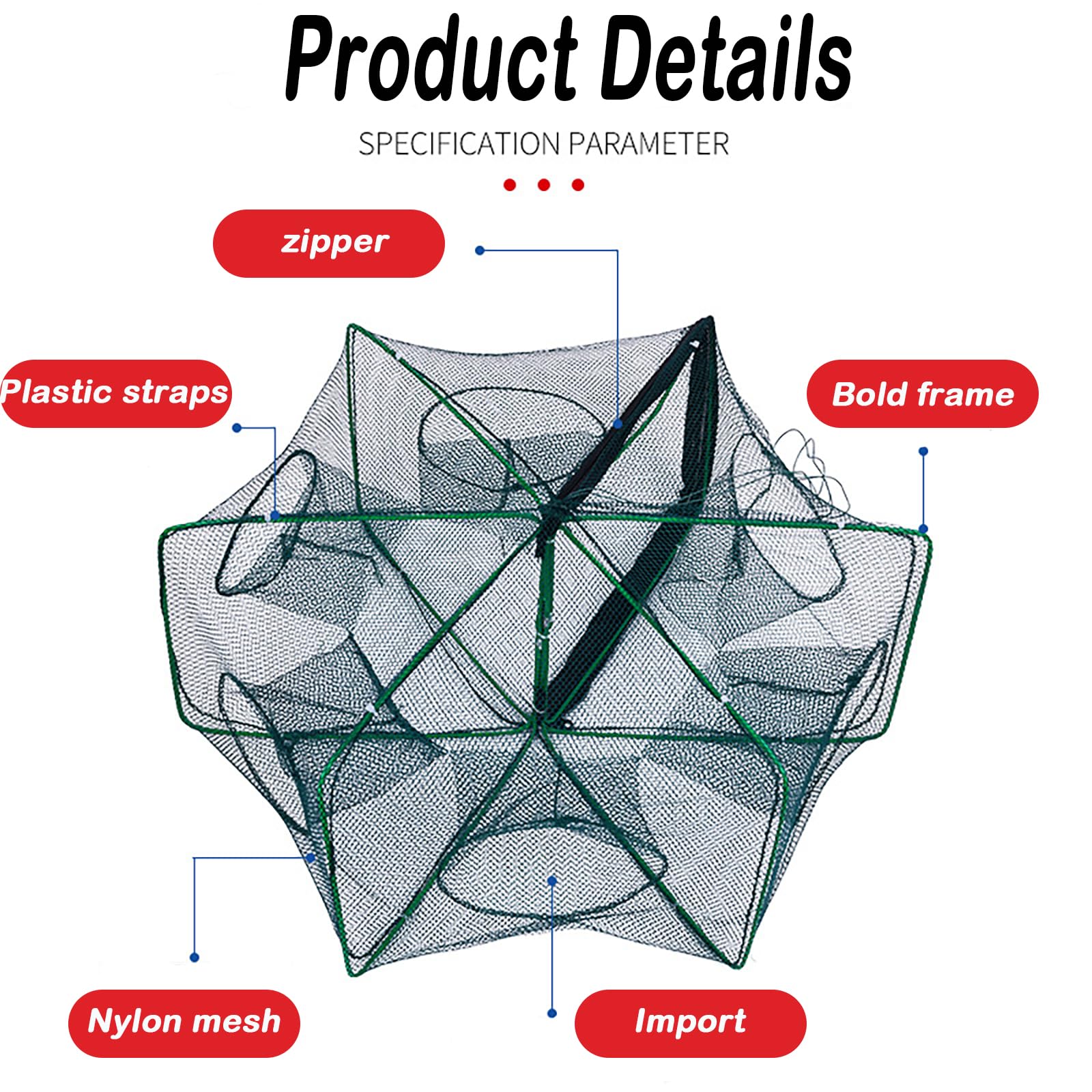 Automatic Folding Reinforced Durable Fishing Mesh Fishing Trap Net Set, Baitcasting Lure Kit for Carp Catfish Shrimp Crab Traps (set of 2)
