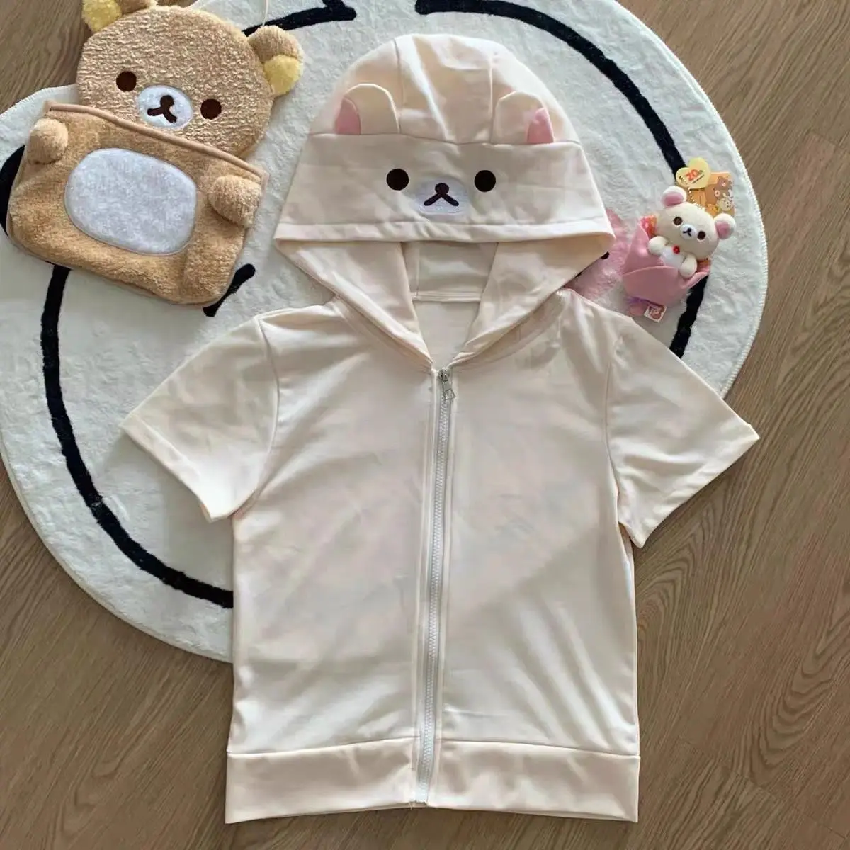 Bear Ears Japanese Cute Jackets Women 2025 Ropa Mujer Short Sleeve Zipper Tunic Coat Y2k Tops Casual Fashion Japanese Outwear