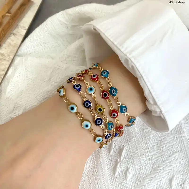 5Pcs Unisex Evil Eye Lucky Charm Bracelet Set, Colorful Red & Blue Eye Adjustable Metal Chain Bangles, Good Luck Amulet Jewelry for Daily Streetwear, Party Styling and Vacation Outfits
