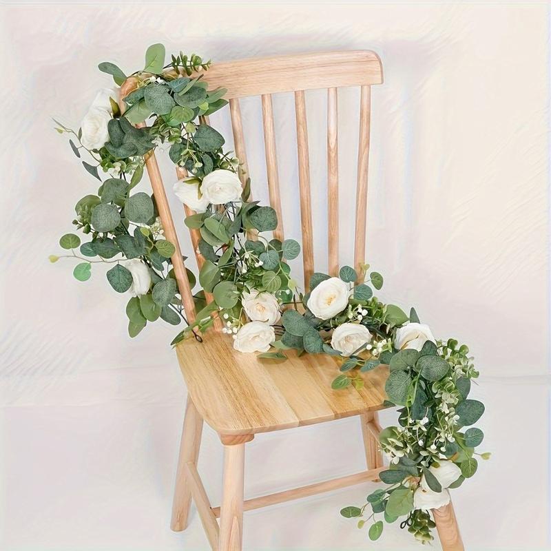 70-Inch Eucalyptus and Rose Garland, Plastic Flower Vine for Home Decor, Wedding, Engagement Table Decoration, Suitable for Various Room Types, Featherless Plastic Floral Vine, Ideal for Party Tables & Indoor Wall Backdrops, Artificial Eucalyptus Garland