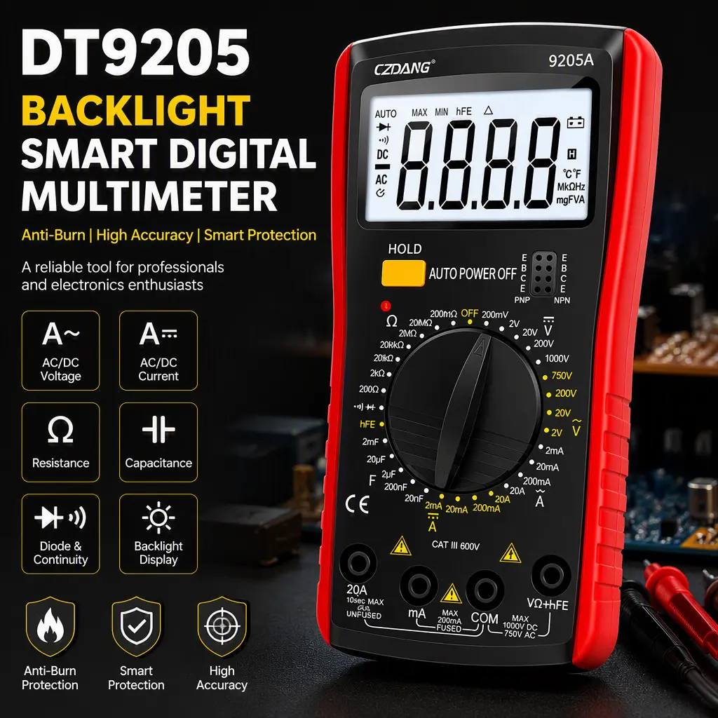 Handheld Digital Multimeter 9205A, Multi-functional Tester for Voltage, Current, Resistance, Capacitance, Diode Continuity Test
