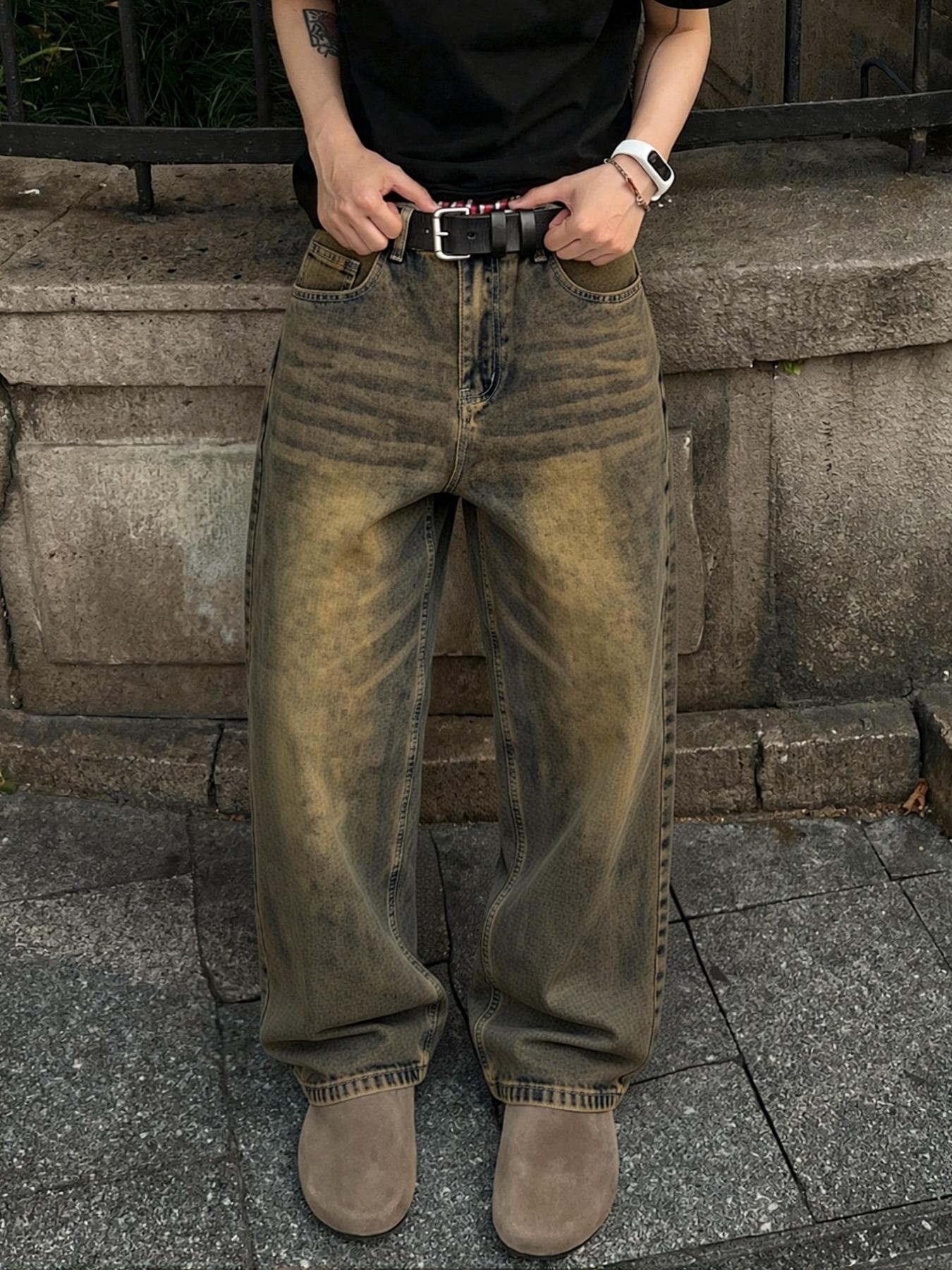 Men's Y2K Hip-Hop Style Light Wash Vintage Jeans | Loose Straight-Cut Street-Style Jeans for Retro Urban High Street Casual Daily Wear