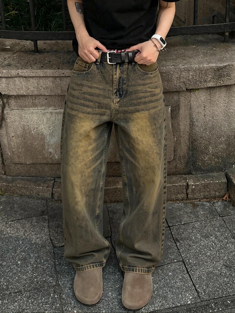 Men's Y2K Hip-Hop Style Light Wash Vintage Jeans | Loose Straight-Cut Street-Style Jeans for Retro Urban High Street Casual Daily Wear