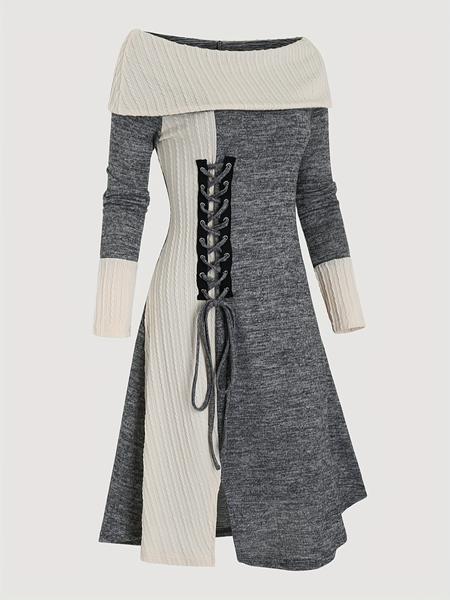 Women's Colorblock Lace Up Off Shoulder Dress, Casual Grommet Eyelet Long Sleeve A Line Dress for Fall & Winter, Women's Clothing for Daily Wear