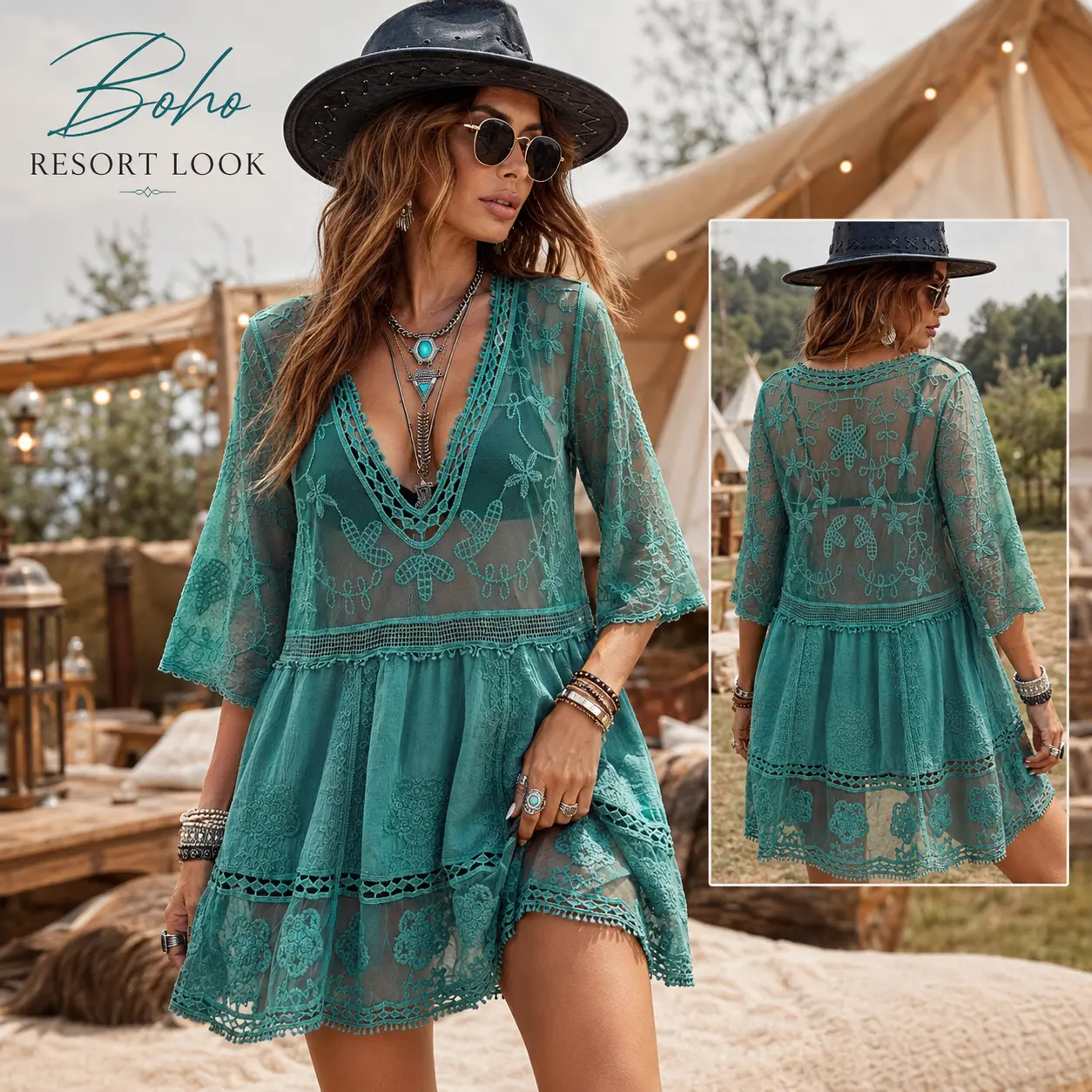 Women's Floral Embroidery Hollow Out Contrast Lace Sheer Cover Up Dress, Boho Deep V Neck 3/4 Sleeve Short Cover Up Dress for Holiday, Ladies Summer Clothes, Beach Cover Ups