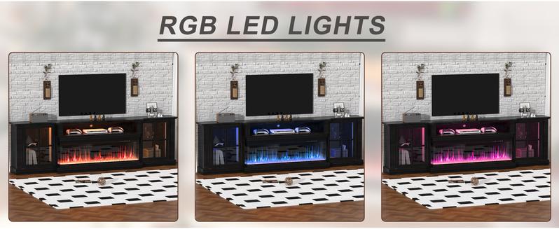 【2 Packages Shipping】Dragosum 3-Sided Fireplace TV Stand, 70-Inch Entertainment Center for Up to 80-Inch TVs with 34-Inch Electric Fireplace, LED Lights, and Farmhouse Glass Door Cabinet