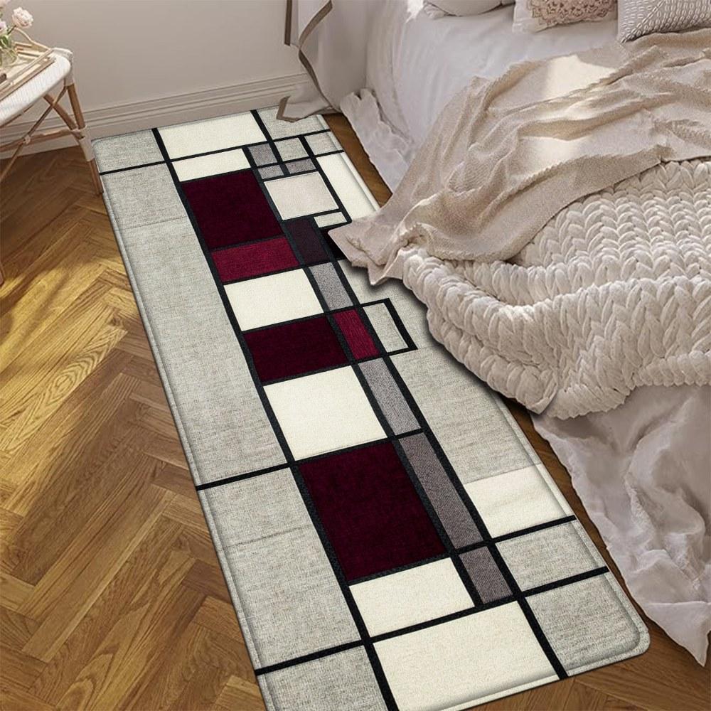1PC， Black Red Gray Geometric Splicing Patterned strip rugs, home décor, bathroom mats, entryway mats, bathroom non-slip mats, indoor entrance rugs, bedroom bedside mats, kitchen mats, hallway rugs, flannel sponge rugs, hallway runner rugs