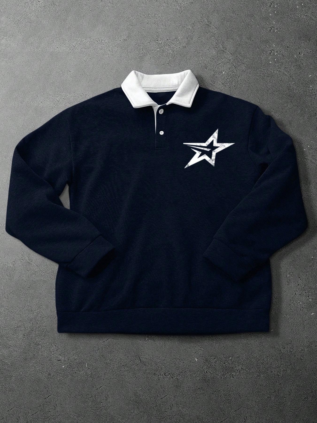 Men's Loose Fit Colorblock Collar Long Sleeve Graphic Polo Shirt, Casual Street Style, Fashionable Outdoor Sports Wear, All Seasons