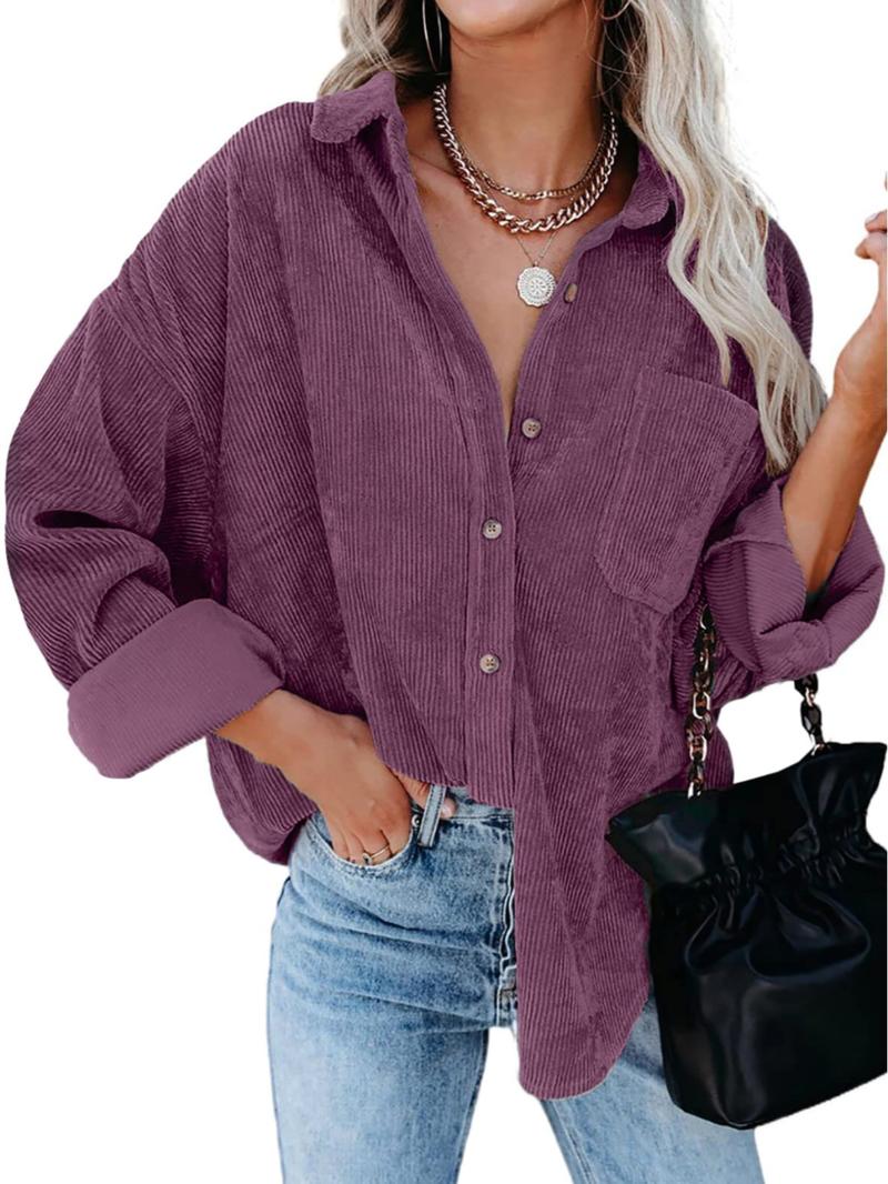 Women's Corduroy Shirt With Pocket, Drop Shoulder Style For Spring & Fall