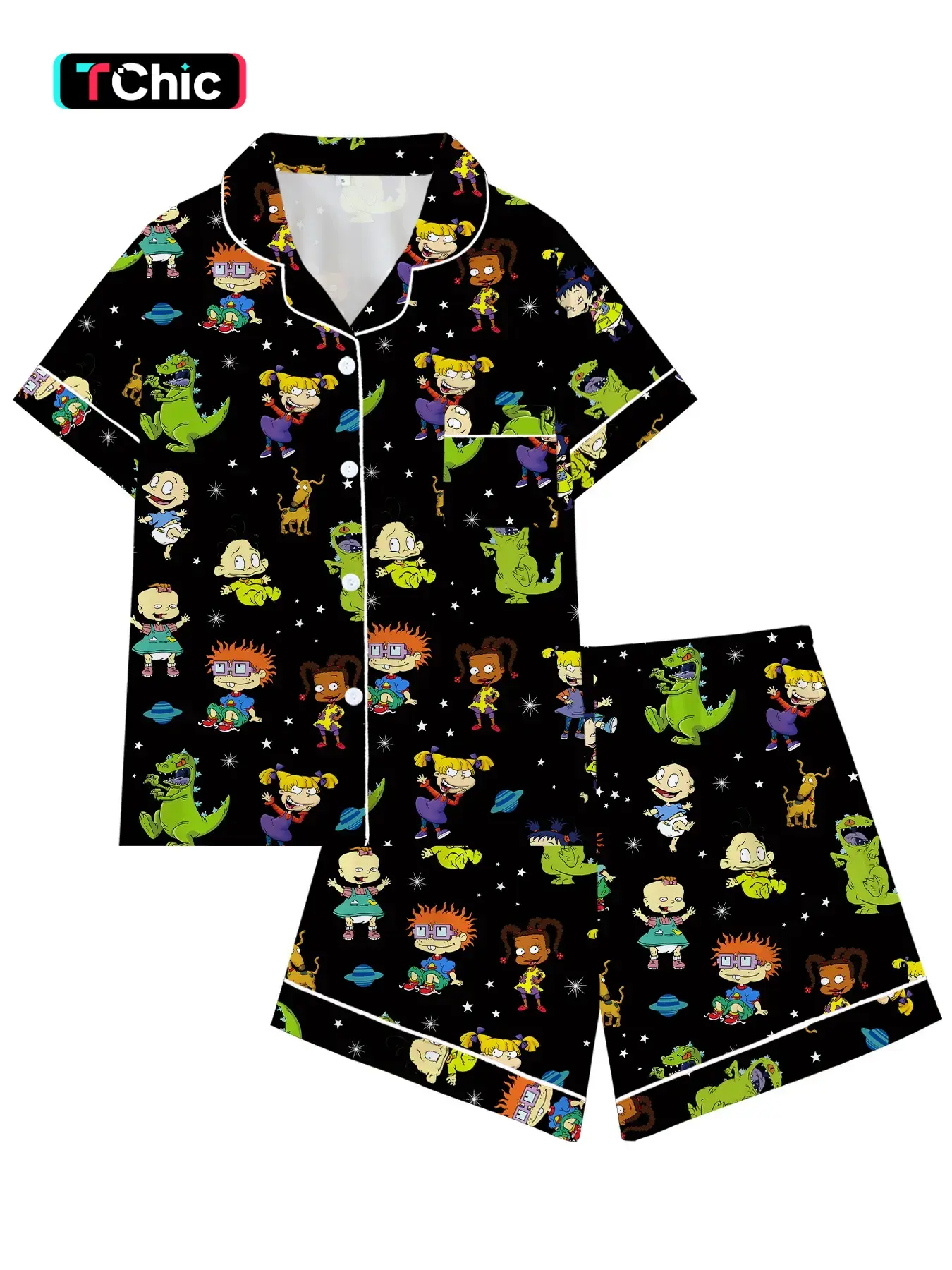 Women's Cartoon Print Pajama Set, Cute Dinosaur Short Sleeve Button Sleepwear, Soft Contrast Binding 2-Piece Summer Home