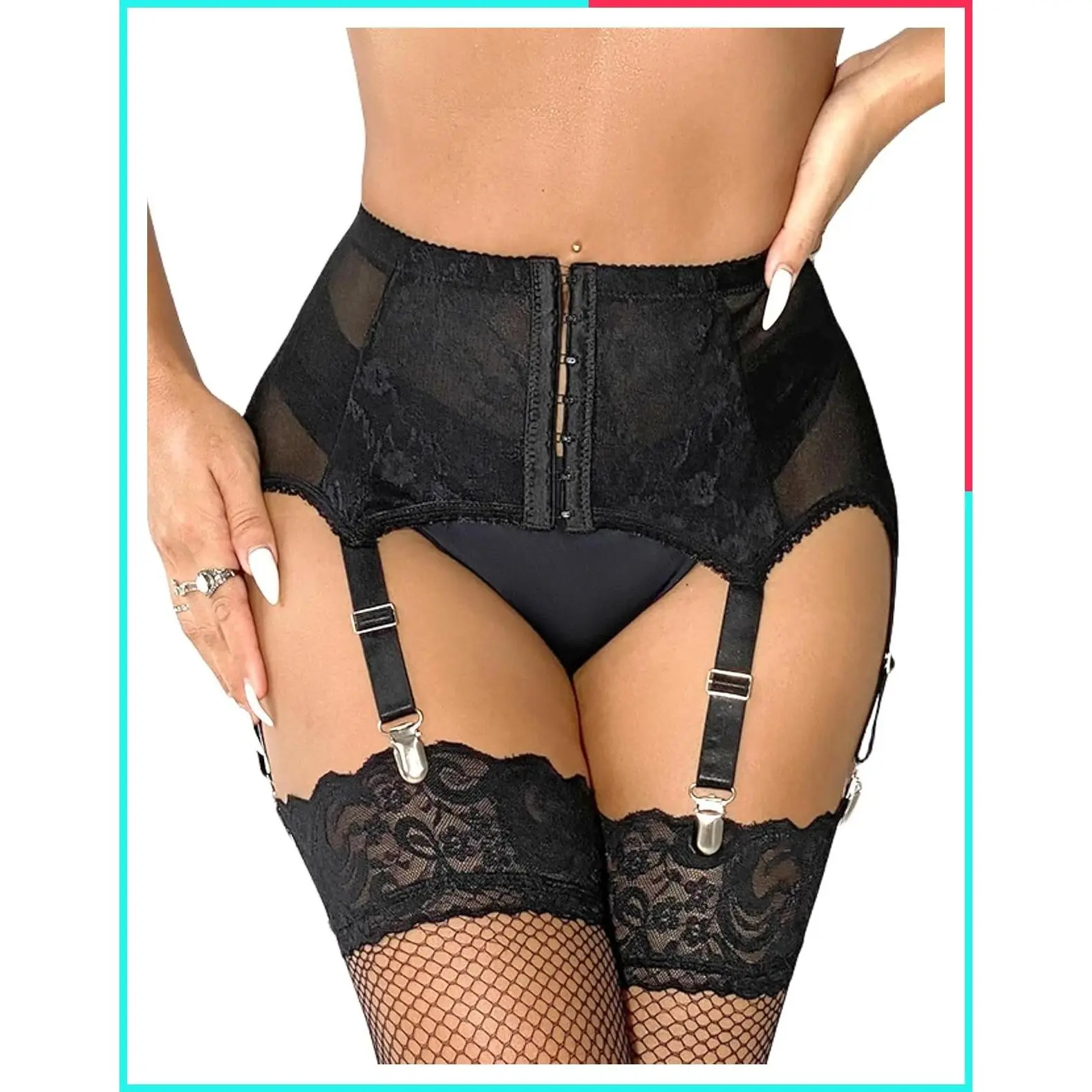 Plus Size Lace Garter Belt Set with 6 Straps, Sexy Suspender Thigh High Lingerie Slip