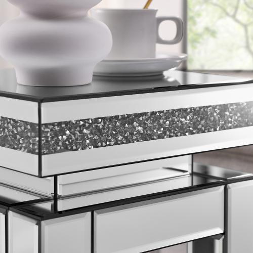 Mirror round table with crystal inlay, 2-layer modern small sofa table with storage space, silver decorative table suitable for living room, bedroom, coffee and small spaces Rectangular Tabletop White