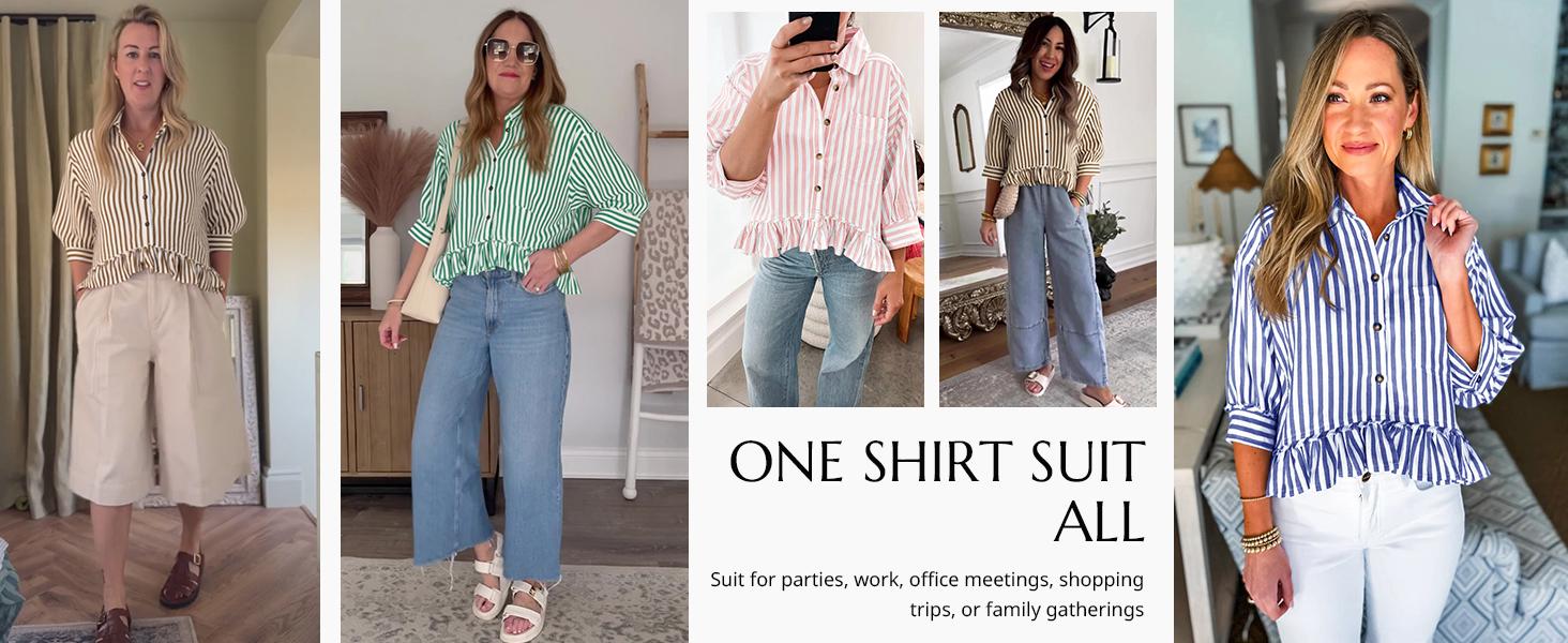 Cicy Bell Women’s Cropped Striped Button Down Shirts Ruffle 3/4 Length Sleeve Summer Tops Dressy Casual Blouses