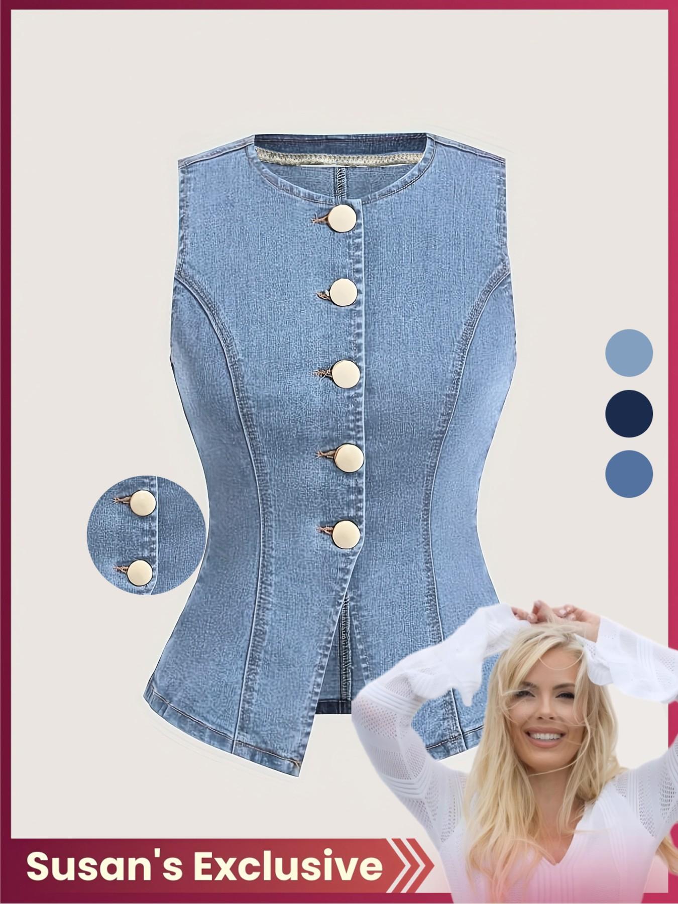 【Susan's Exclusive】Elegant Slim-Fit Sleeveless Denim Jacket for Women, High Stretch Fabric, Casual All Seasons Wear, Unique Stylish Design