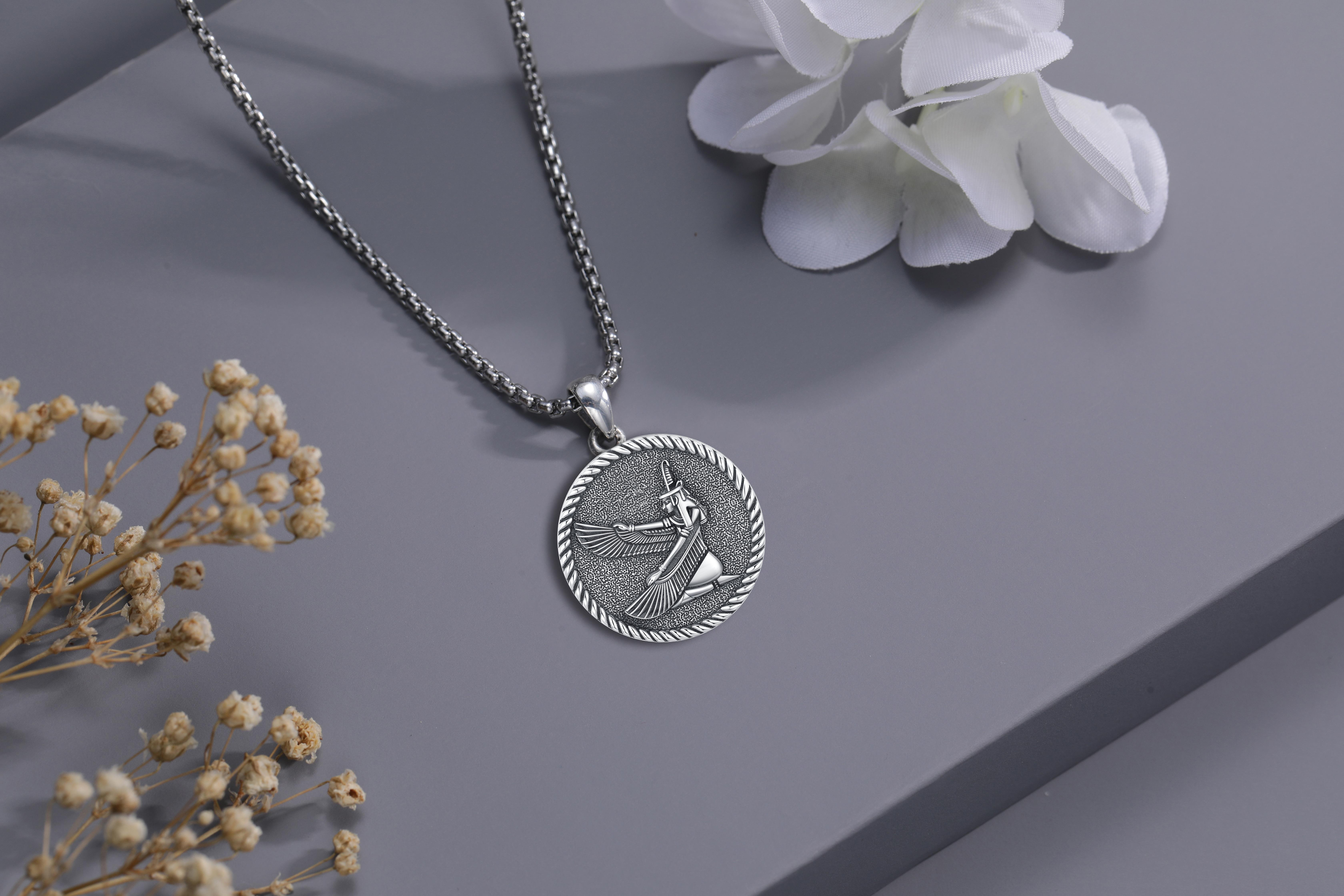 DRINSPER S925 Maat Necklace & Eye of Horus 925 Sterling Silver Pendant Goddess of Order Egyptian Mythology Pagan Jewelry