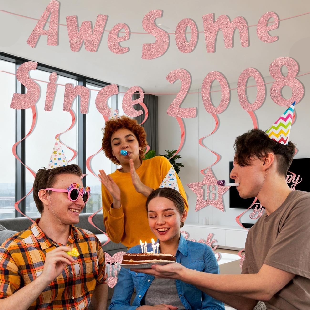 Happy 18 Year Old Birthday Decorations, Rose Banner with Hanging Swirls, Funny 18th Birthday Anniversary Party Supplies