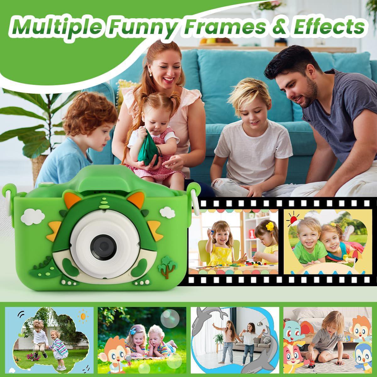 Cartoon Dinosaur Design Digital Camera, USB Rechargeable Video Camera Toy with 32GB Memory Card, Perfect Gift for Birthday & Holiday