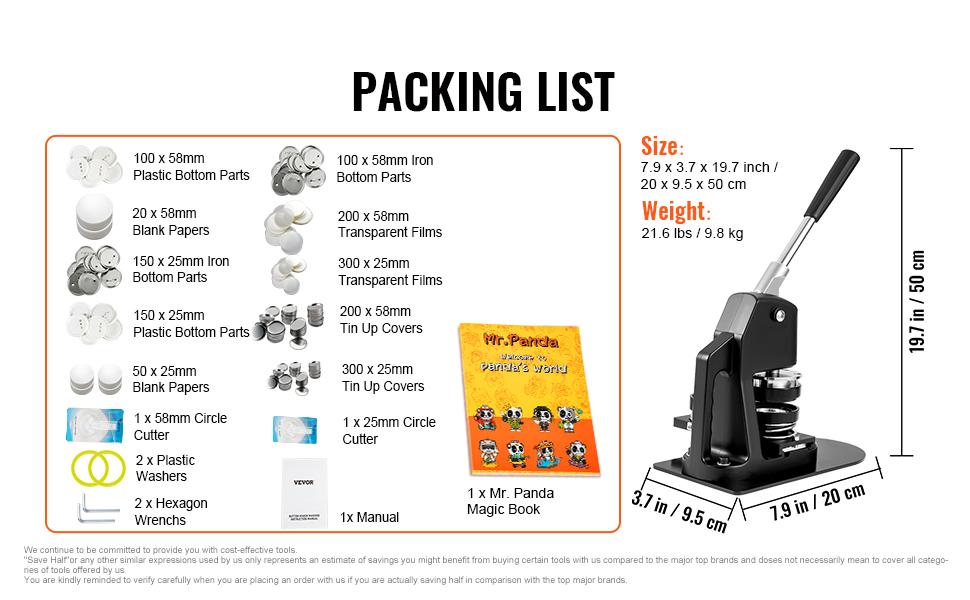 VEVOR Button Maker Machine, Multiple Sizes 1+2.25 Inch Badge Punch Press Kit, Children DIY Gifts Pin Maker, Button Making Supplies with 500pcs Button Parts Circle Cutter Magic Book