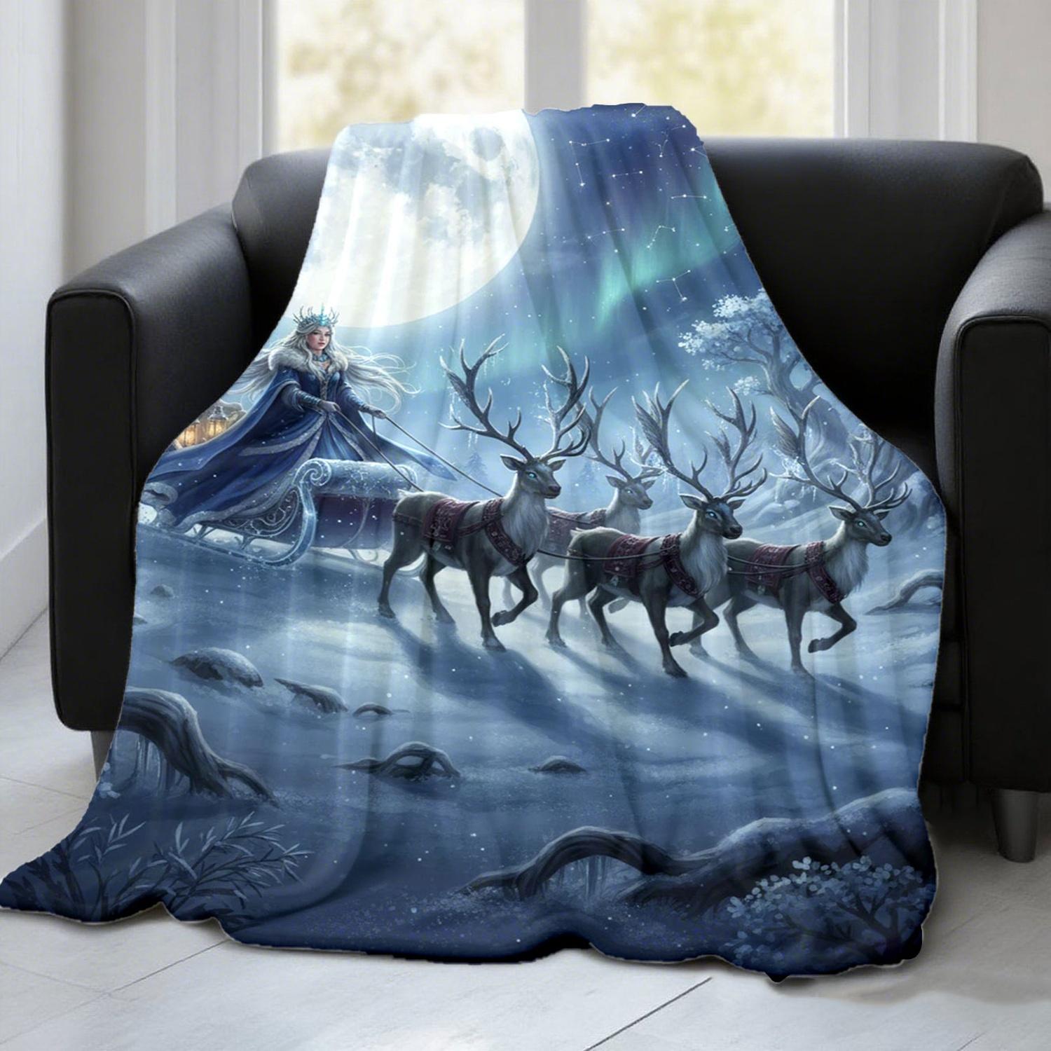 1pc Snow Queen Reindeer Sleigh Flannel Blanket, Super Soft Cozy Warm Throw for Sofa, Bed, Travel, Office, Camping, Luxury Adult Holiday Gift Decor.
