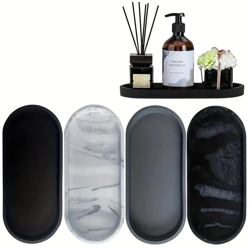 Silicone Marble Pattern Bathroom Tray, Oval Jewelry Storage Tray, Multi-Functional Decorative Tray for Candle Soap Plant Cosmetics, Bathroom Counter Organizer