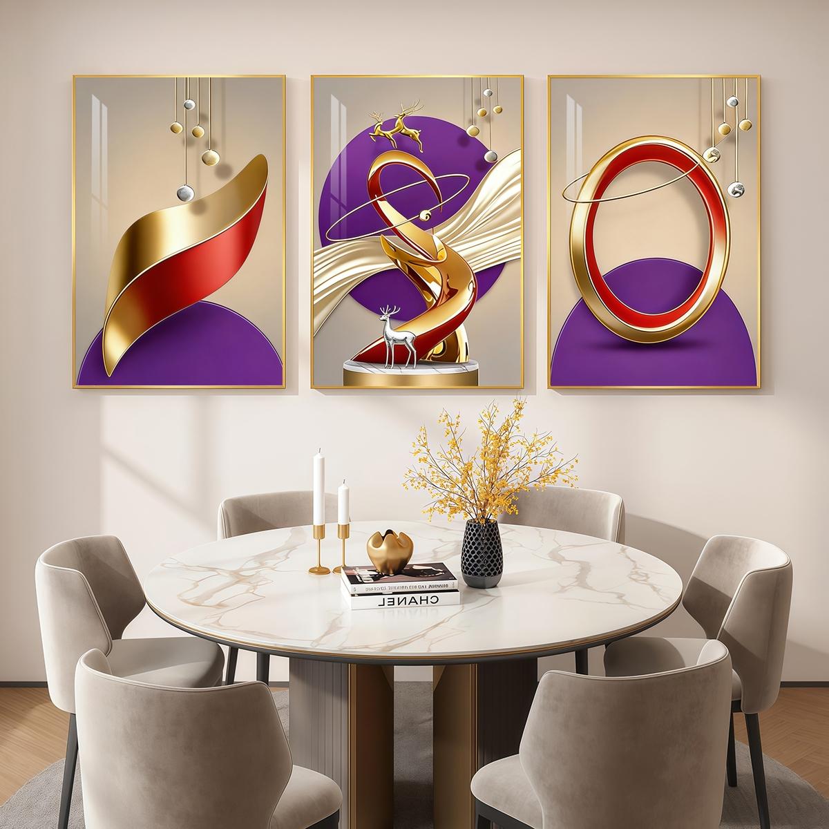 3 Counts Aluminum Alloy Framed Painting, Abstract Golden And Red Geometric Shapes With Deer Pictures, Home Decoration For Living Room, Bedroom, Office, Restaurant, Hallway Wall Decor, Odorless Print Artwork, Luxury Perfect Gift For Friends And Family