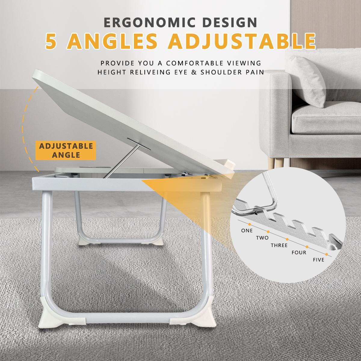 Foldable Laptop Bed Desk Tray with 4 USB Ports Portable Lap Table Tiltable Tabletop Wood Workstation Storage Drawer Cup Holder for Home Bed Couch Working Reading