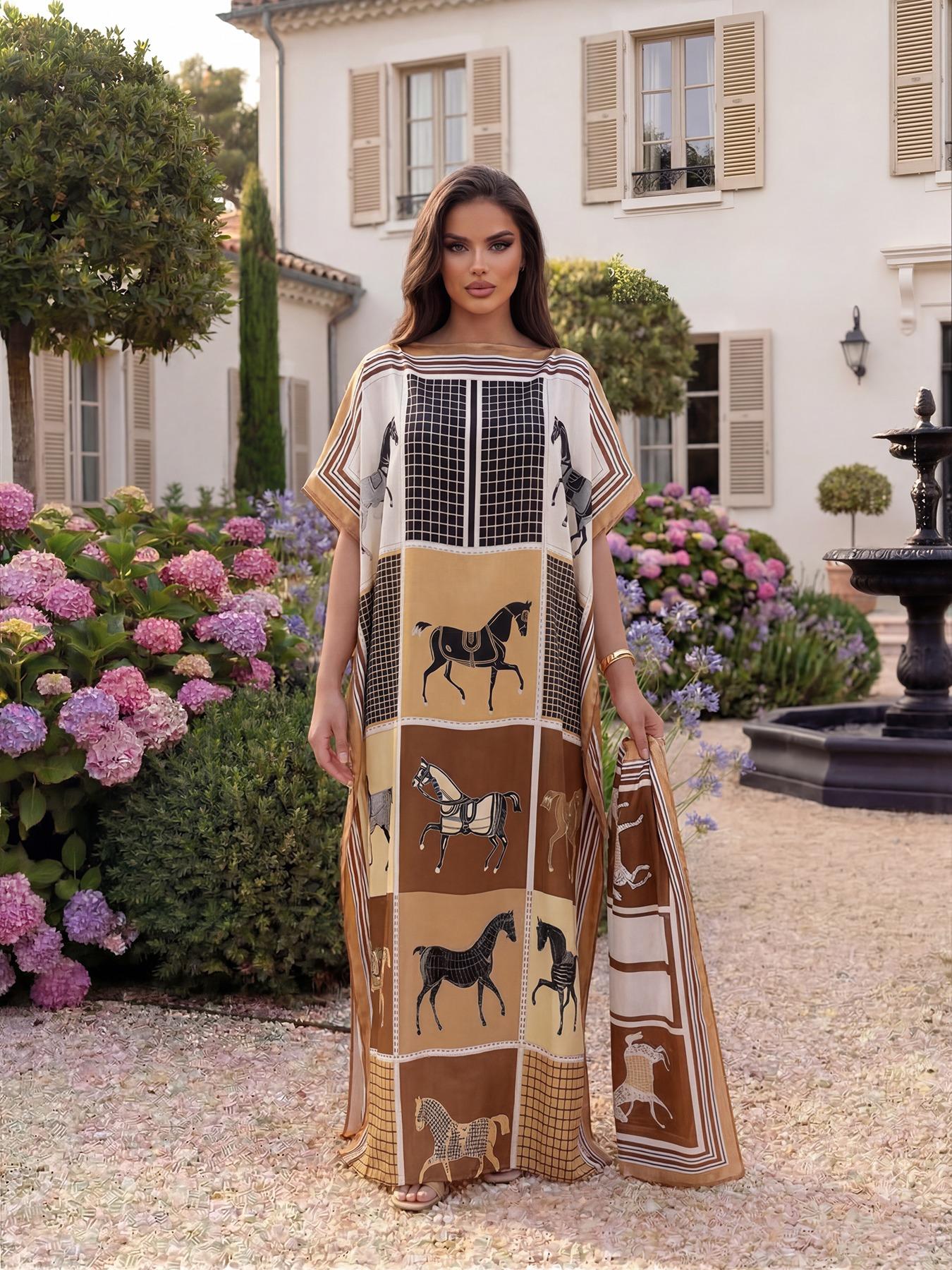 Women's Luxury Equestrian Style Silk Robe Set, Long Cape Dress + Scarf Headband, Beach Outdoor Sun Protection, All Seasons Chic Fashion