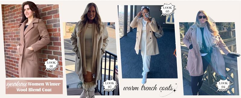 Yeokou Women's Warm Winter Wool Blend Coat Mid-Length Double-Breasted Notch Lapel Outerwear Casual Fashionable Polyester Blend