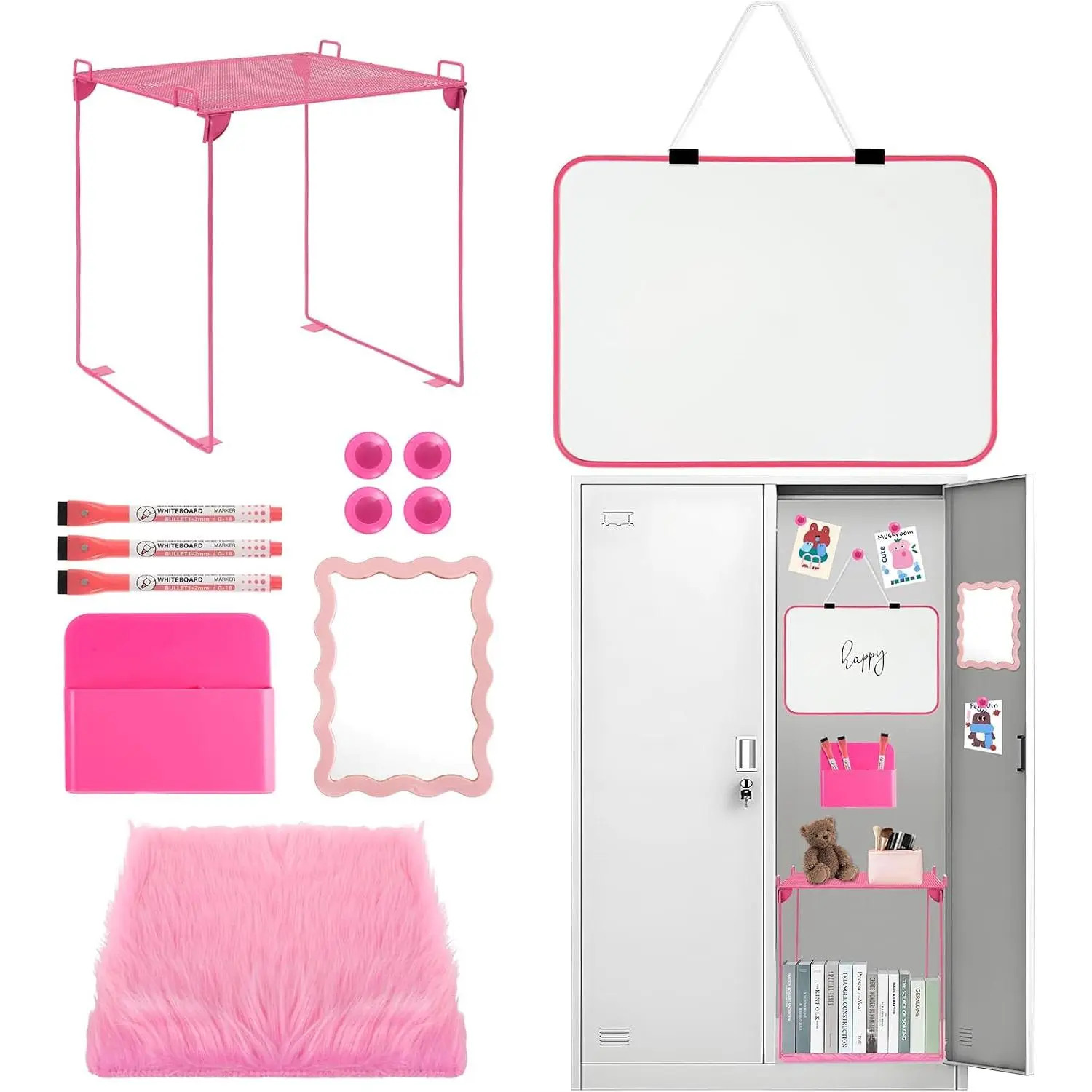 12 count Locker Organizer and Decorating Kit,  of School Essentials Marble Print board with Markers Locker Shelf Plush Area Rug String Light Mirror  Cup and  (Rose Red)